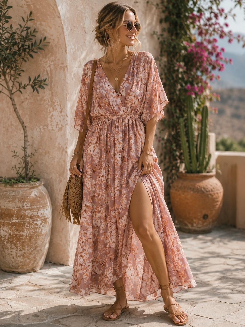 Women's Floral Maxi Dress - Blush Pink